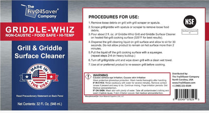 Griddle-Whiz Grill & Griddle Cleaner | Removes Grease, Food Residue, Burnt On Organics | Non-Toxic High Heat Flat Top Grill Cleaner & Food Contact Surface | Non-Caustic Formula by FryOilSaver (32oz)
