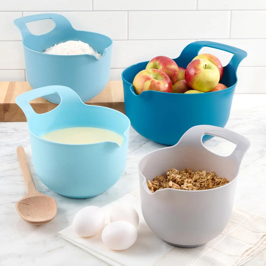 Four-piece nested plastic mixing bowl set with pour spout and handle, blue