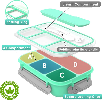 WHALEHOUSE Bento Lunch Box, 1300ML 4 Compartments Meal Prep Container with Utensil, Airtight Food Storage Container with Snap Locking Lids, Microwave/Dishwasher/Freezer Safe, On the Go