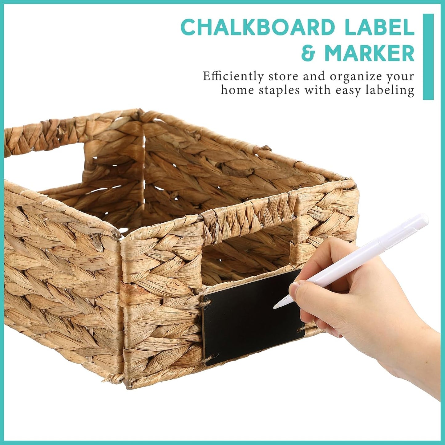 Nitial 8 Pcs Wicker Storage Basket, Rectangular Water Hyacinth Storage Basket for Shelving, Foldable Woven Pantry Organizer with Chalkboard Label and Chalk Marker (Natural,12 x 9 x 5 Inch)