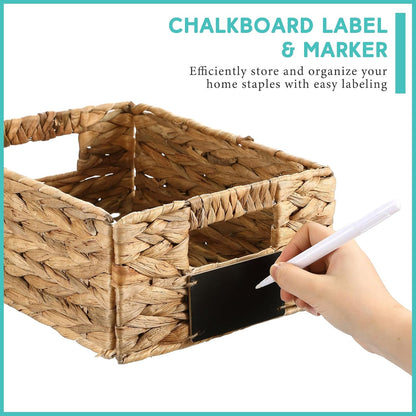 Nitial 8 Pcs Wicker Storage Basket, Rectangular Water Hyacinth Storage Basket for Shelving, Foldable Woven Pantry Organizer with Chalkboard Label and Chalk Marker (Natural,12 x 9 x 5 Inch)