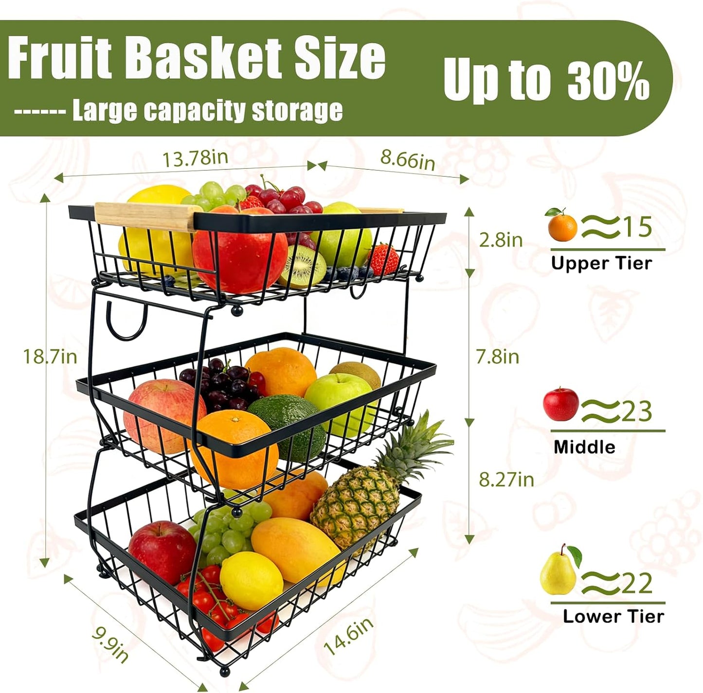 2 Tier Fruit Basket for Kitchen Counter, Large Fruit Holder with 2 Banana Hooks, Detachable Metal Fruit Stand with Wooden Handle, Kitchen Storage Cart,Vegetable Basket, Snack Rack