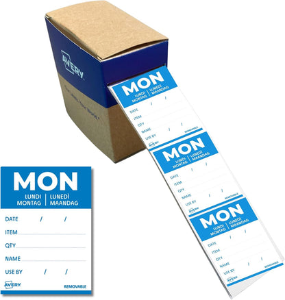 Avery Removable, Hand Writable, Detailed Food Day Labels, Strong Adhesive, 40 x 56 mm, Sunday, Black, 500 Labels, Preprinted Design (DLDSUNREV-500)
