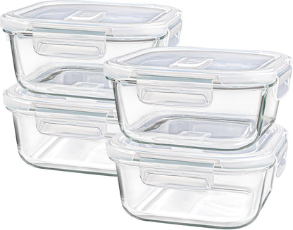 Square Glass Containers with Lids 24oz - Borosilicate Glass Food Storage Set 3 Cup, Freezer Safe Meal Prep Containers, Sandwich Lunch Box, Yogurt Cereal Bowls with Vented Lids BPA Free 4 Pack