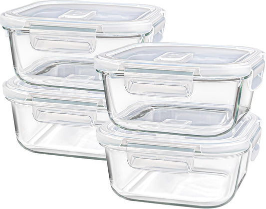 Square Glass Containers with Lids 24oz - Borosilicate Glass Food Storage Set 3 Cup, Freezer Safe Meal Prep Containers, Sandwich Lunch Box, Yogurt Cereal Bowls with Vented Lids BPA Free 4 Pack