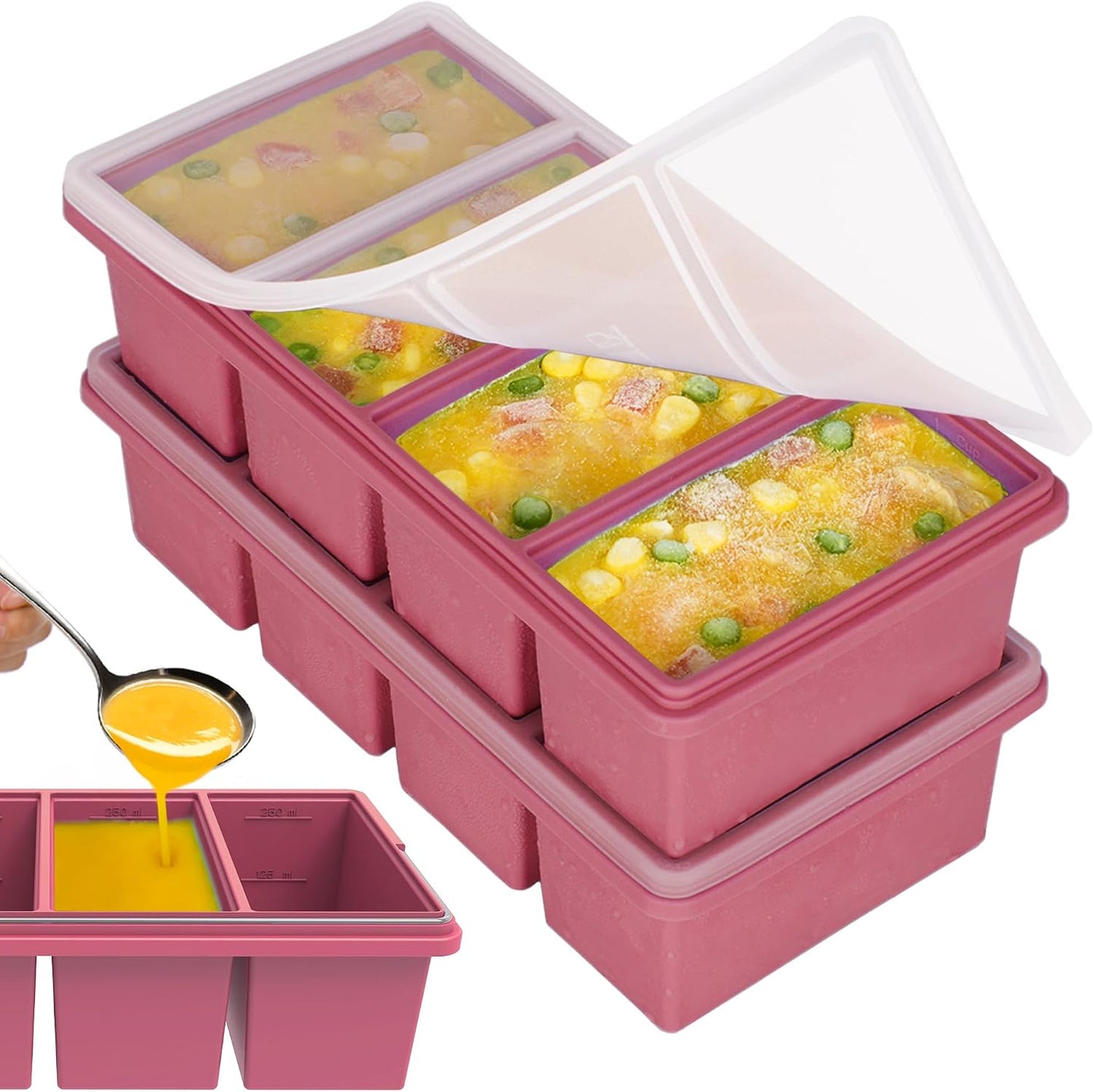 Silicone Freezer Trays with Lids, 1-Cup Soup Container Style Ice Cube Trays for Freezer - Leakproof, Dishwasher,Oven Safe, Stackable, Ideal for Frozen Broth, Leftovers & Meal Prep, BPA Free 2 Pack