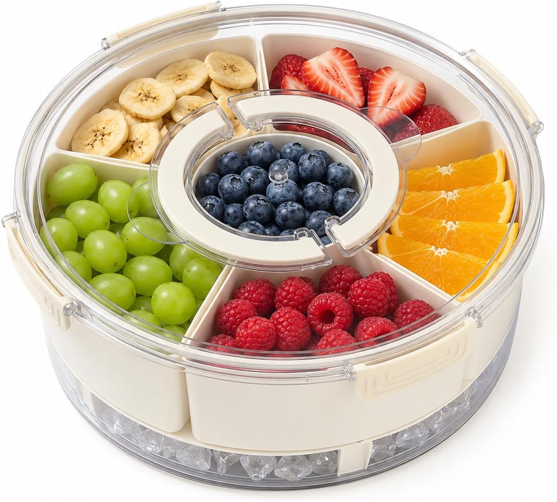 Divided Serving Tray with Lid and Handle, Rounded Snackle Box with 6 Compartments and Chill Base for Fruits, Candy, Veggie, Portable Travel Snack Container, 12 Inch