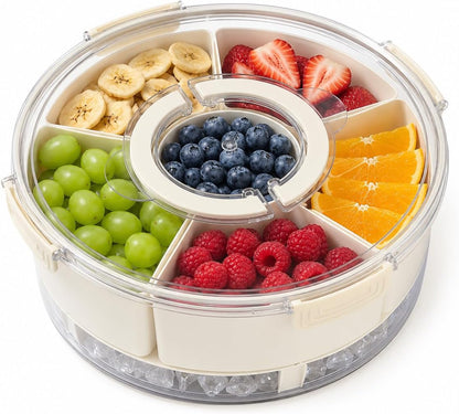Divided Serving Tray with Lid and Handle, Rounded Snackle Box with 6 Compartments and Chill Base for Fruits, Candy, Veggie, Portable Travel Snack Container, 12 Inch