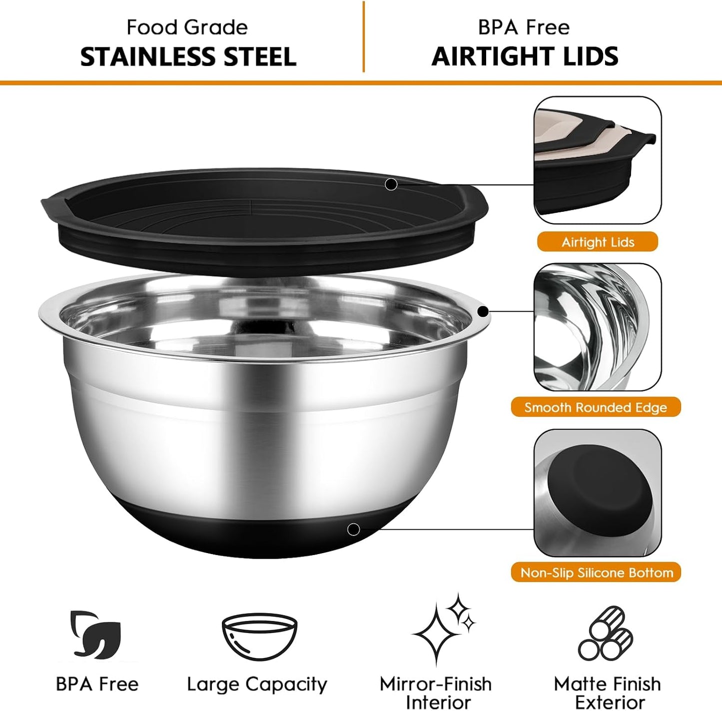 CHAREADA Mixing Bowls with Airtight Lids, 18pcs Stainless Steel Nesting Mixing Bowls Set Non-slip Silicone Bottom, Size 4.5, 3.6, 2.7, 2.1, 1.7, 1.1, 0.7 qt, Fit for Mixing & Serving(Colorful)