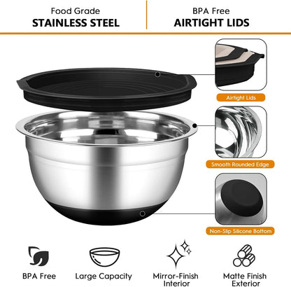 CHAREADA Mixing Bowls with Airtight Lids, 18pcs Stainless Steel Nesting Mixing Bowls Set Non-slip Silicone Bottom, Size 4.5, 3.6, 2.7, 2.1, 1.7, 1.1, 0.7 qt, Fit for Mixing & Serving(Colorful)