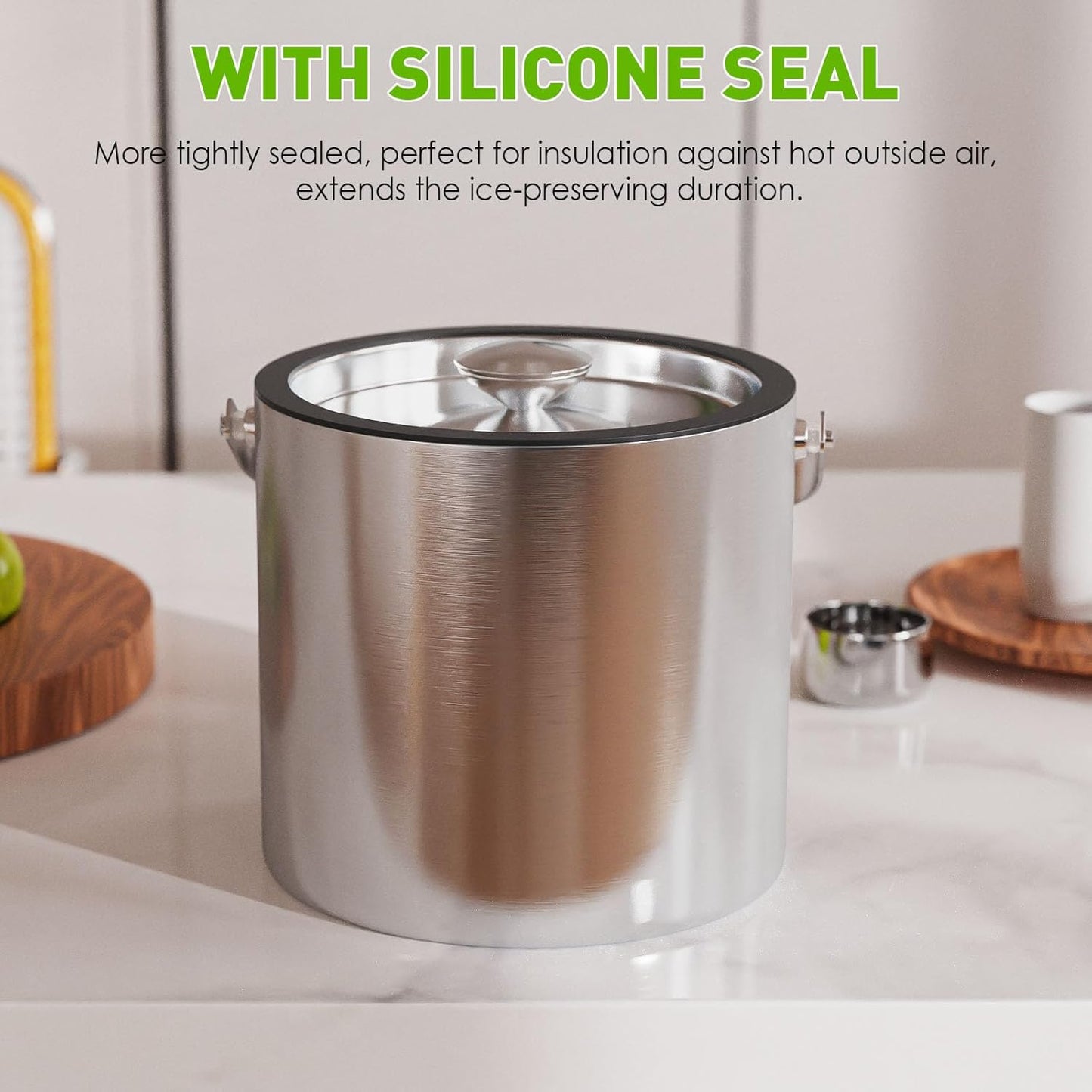 3.2L/3.4QT Modern Insulated Ice Bucket with Silicone Lid, Scoop, Strainer, Double Wall Stainless Steel Ice Bucket for Parties & Cocktail Bar,Ideal for Gift(Black)