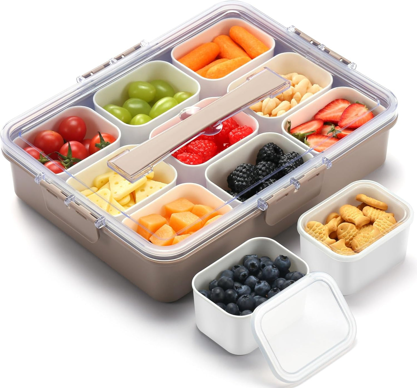 Snackle Box Container for Adults with 9 Compartment, Divided Serving Tray Snack Box Containers with Lid and Handle, Charcuterie Boxes Portable Snack Platter for Fruit Veggie Party Travel, White