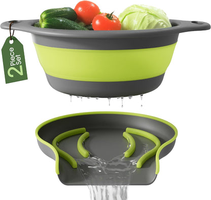 Gevoli Strainer with Self-Draining Base (5QT) Over-Sink Collapsible Kitchen Colander Set with Side-drain Base for Pasta Vegetables and Fruit, XL Large Capacity, Dishwasher Safe (5-Quart) Red/Gray