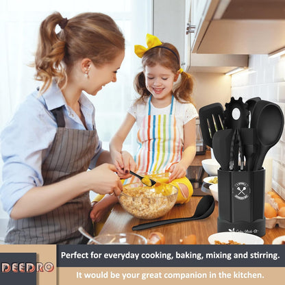 Silicone Kitchen Utensils Set, 16-Piece Silicone Cooking Utensils by Deedro, Heat Resistant Kitchen Tools Set with Holder, Nonstick Spatula Kitchen Gadgets for Cooking & Baking, Colorful