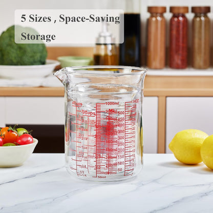 3 Piece Glass Measuring Cup Set, Includes 1/2-Cup, 1-Cup, and 2-Cup High Borosilicate Glasss Liquid Measuring Cups, Dishwasher, Freezer, Microwave, and Preheated Oven Safe, Essential Kitchen Tools