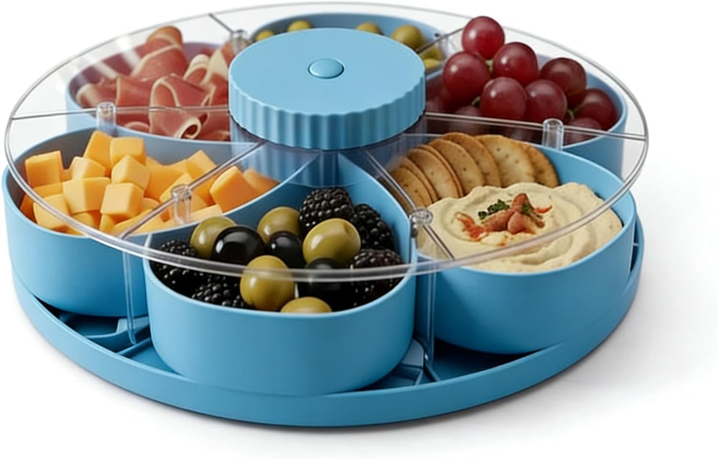 Rotating Divided Serving Tray with Lid - 5 Compartments Lazy Susan Snack Organizer, BPA-Free Spin Tray for Snacks, Dips, Veggies, Fruits | Perfect for Parties, Kitchen, Travel & Picnic (Blue)