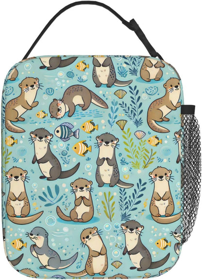 Reusable Sea Otter and Water Lily Lunch Box for Kids Girls Boys Women Adult, Insulated Cute Lunch Bag,Polyester Cooler Handbags Case for School Picnic Work Travel Outdoor Beach or Hiking