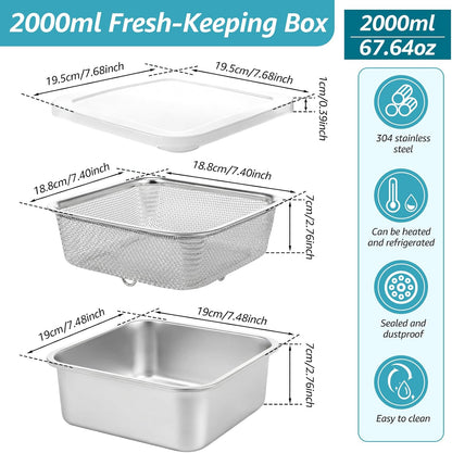 Stainless Steel Colander Set, Square Strainer with Lid for Draining Vegetable Washing Rice, 2 in 1 Strainer Bowl & Food Storage Container Food Preparation Box Bowl (1500ml)