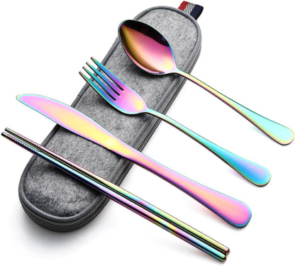 DEVICO Camping Utensils, Full-Size Reusable Silverware for Lunch Adult, Stainless Steel Travel Cutlery Set with Case, Portable Fork Spoon Knife Set for Work, Flatware with Chopsticks (Rainbow)