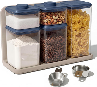 SMIRLY 8-Pcs Airtight Food Storage Containers Set with Countertop Organizer,One-Press Air Tight Pantry Storage Containers, BPA-Free ABS,Stainless Steel Spoon & Scoop for Cereal, Flour, Sugar -white