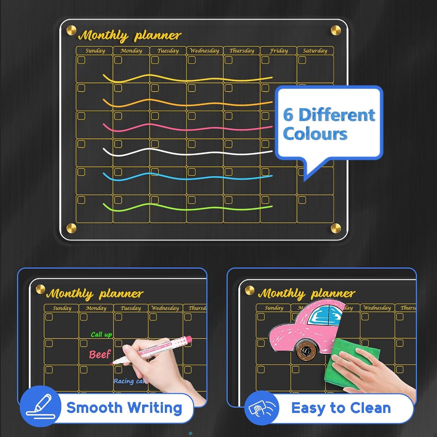 WALGLASS Acrylic Calendar for Fridge, 8.5"x11" Gold Weekly Clear Acrylic Magnetic Dry Erase Board for Refrigerator, Set of 2 Stronger-Magnetic Reusable Fridge Planner, Includes 8 Liquid Chalk Markers