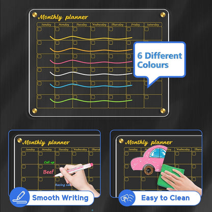 WALGLASS Acrylic Calendar for Fridge, 8.5"x11" Gold Weekly Clear Acrylic Magnetic Dry Erase Board for Refrigerator, Set of 2 Stronger-Magnetic Reusable Fridge Planner, Includes 8 Liquid Chalk Markers