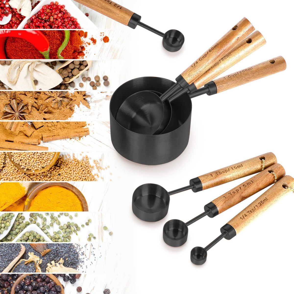 Collection 8 Piece Gold Measuring Cups Set and Measuring Spoons, Golden With fragrant wood Handles-Complete Set of Measure Cups and Spoons For Cooking and Baking.…