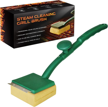 Grill Brush Bristle Free with Scraper, 22" Steam Grill Brush for Outdoor Grill, Replaceable Cleaning Head, Grill Cleaner for Cast Iron/Stainless Steel Grates - Green