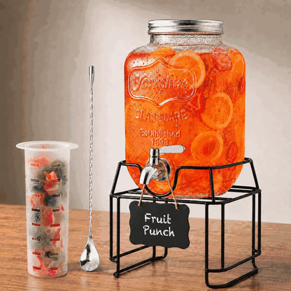 2-Pack 1-Gallon Glass Drink Dispensers with Heavy-Duty Wire Stand - 304 Stainless Steel Spigot & Mixing Spoon - 100% Leakproof Mason Jar Beverage Dispenser for Parties, Fridge, Kombucha - Wide Mouth
