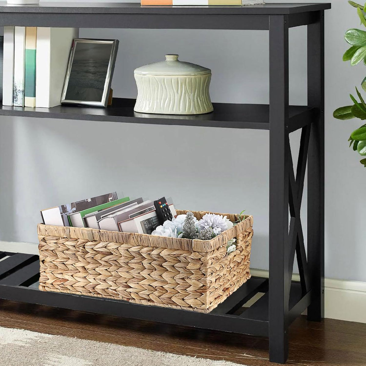 Hipiwe Wicker Basket Water Hyacinth Baskets Rectangular Decorative Baskets Bin for Shelf Organizing, Handwoven Storage Basket Bins with Built-in Handles,15.9"x12"x5.9"