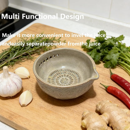 Handmade Pottery Garlic Grater Herb Stripper Bowl, 2-in-1 Ceramic Herb Stripper and Garlic Grater Bowl, Different Sizes of Round Holes, Kitchenware for Root Removal
