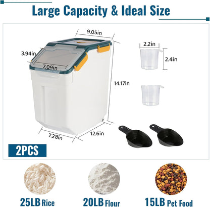 4 Pack Rice Container 25 lbs Large Bulk Flour Sugar Storage Holdhouse Plastic Grain Cereal Dry Goods Bin with Spoon and Measuring Cup for Kitchen Pantry Organization - Green