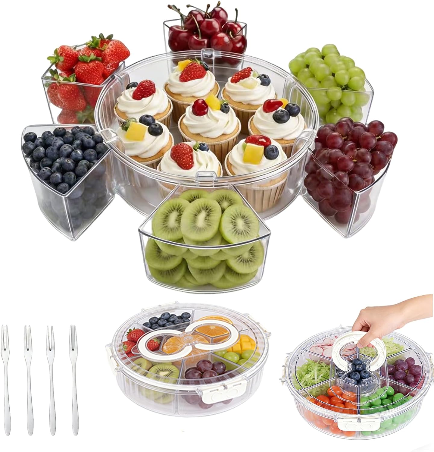 Aufind Divided Serving Tray with Lid and Handle, Stackable Snackle Box Container for Fruits Candy Veggies, Portable Spinning Rounded Tray with 6 Removable Dip Bowls