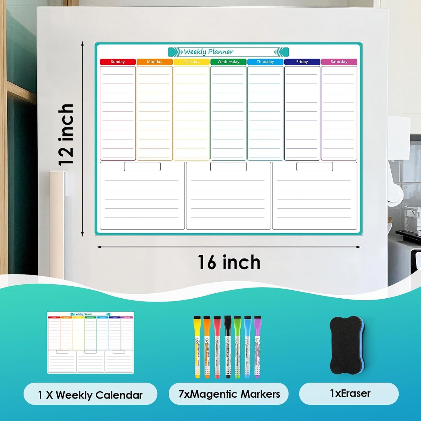 MaxGear Black Weekly Dry Erase Board,16"x12" Magnetic Whiteboard Meal Planner Blackboard for Fridge, Chalkboard Calendar Menu Planning Board Notepad for Kitchen with 7 Markers and 1 Eraser