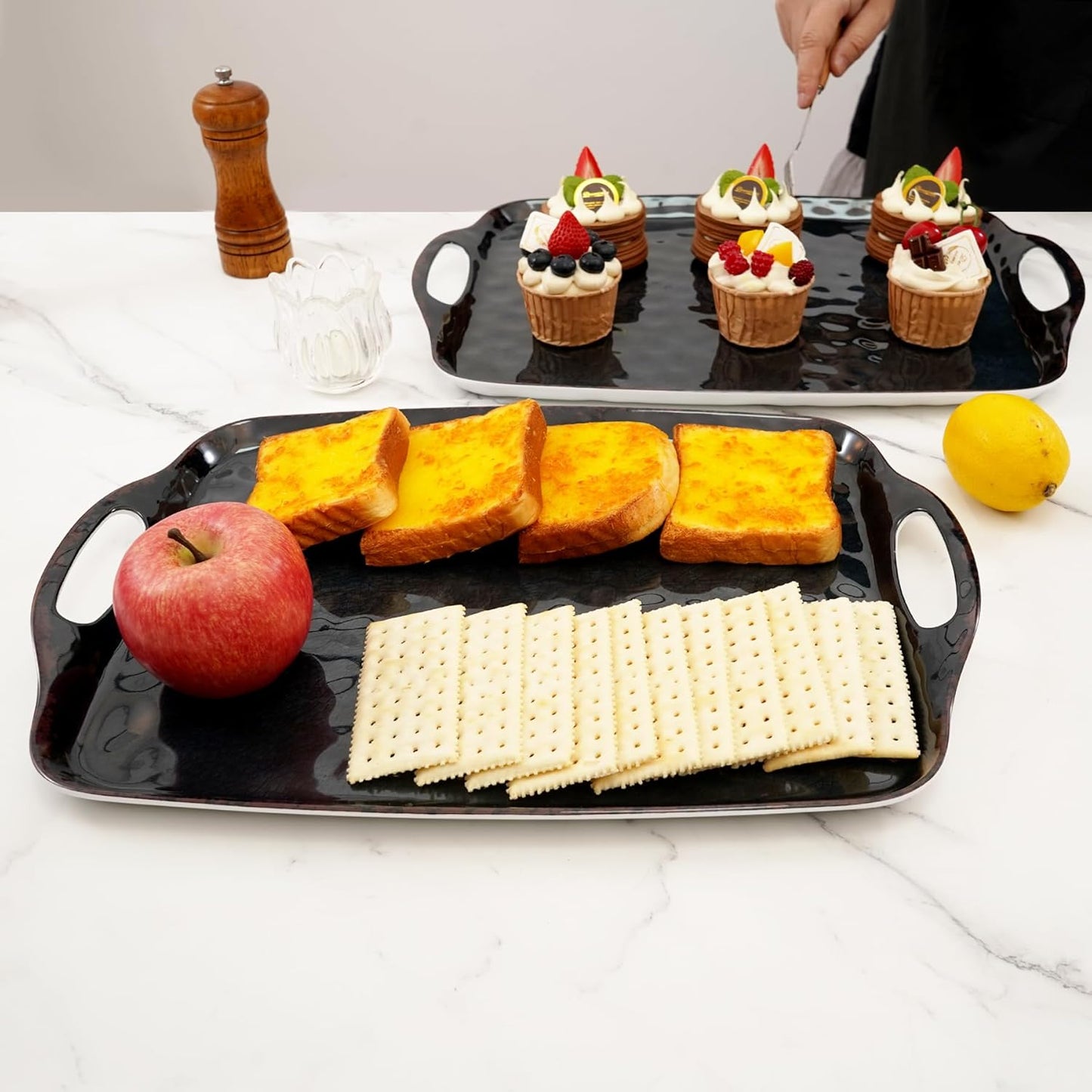 TP Large Serving Trays with Handles, 19" x 12" Melamine Serving Platters for Food, Turkey, Set of 2 Rectangular Trays for Party, Pure White