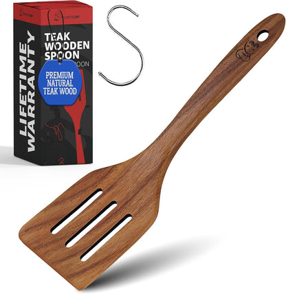 PriorityChef Wooden Slotted Spoon - Premium Teak Cooking Utensil for Frying, Straining & Serving - Long Handle Kitchen Spoon for Nonstick Cookware - Handcrafted Durable Wood