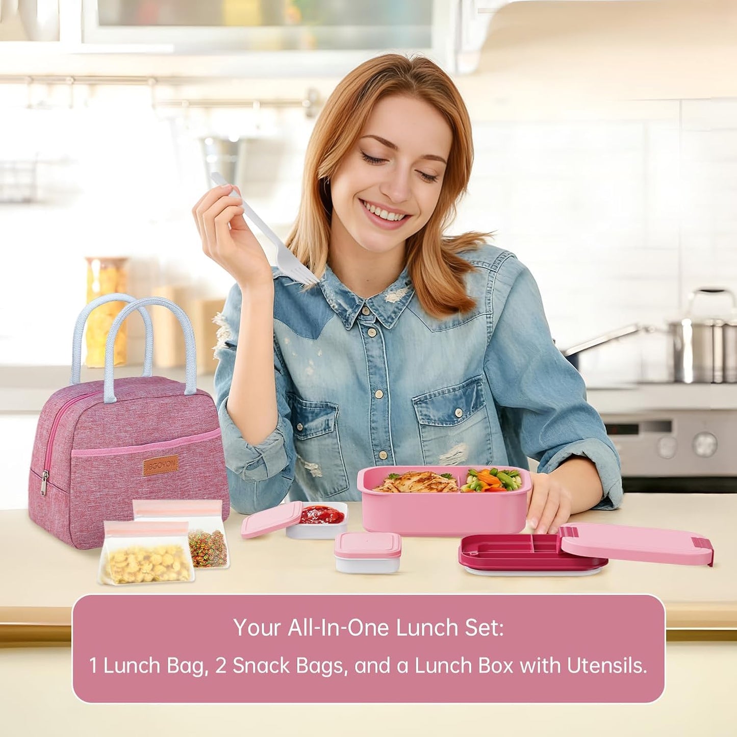 JBGOYON Bento Box and Lunch Bag Set, Leak-Proof Lunch Box for Adults and Kids with Built-in Utensils, Insulated for Work School Travel, Microwave & Dishwasher Safe, All-in-One (Purple)