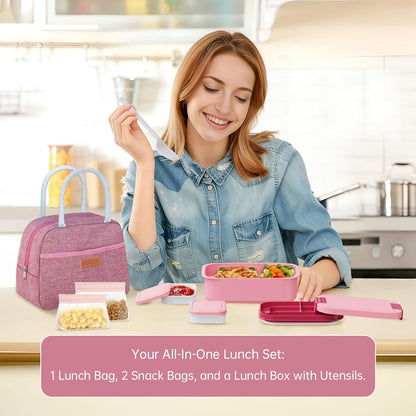 JBGOYON Bento Box and Lunch Bag Set, Leak-Proof Lunch Box for Adults and Kids with Built-in Utensils, Insulated for Work School Travel, Microwave & Dishwasher Safe, All-in-One (Purple)
