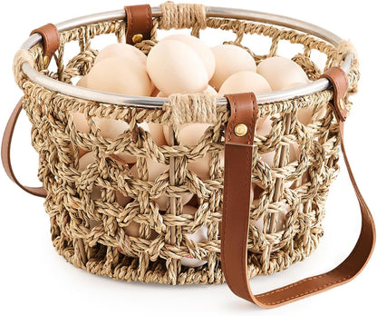 Egg Baskets for Collecting Fresh Eggs Farmhouse Handmade Wicker Hyacinth Egg Collecting Basket with Handle