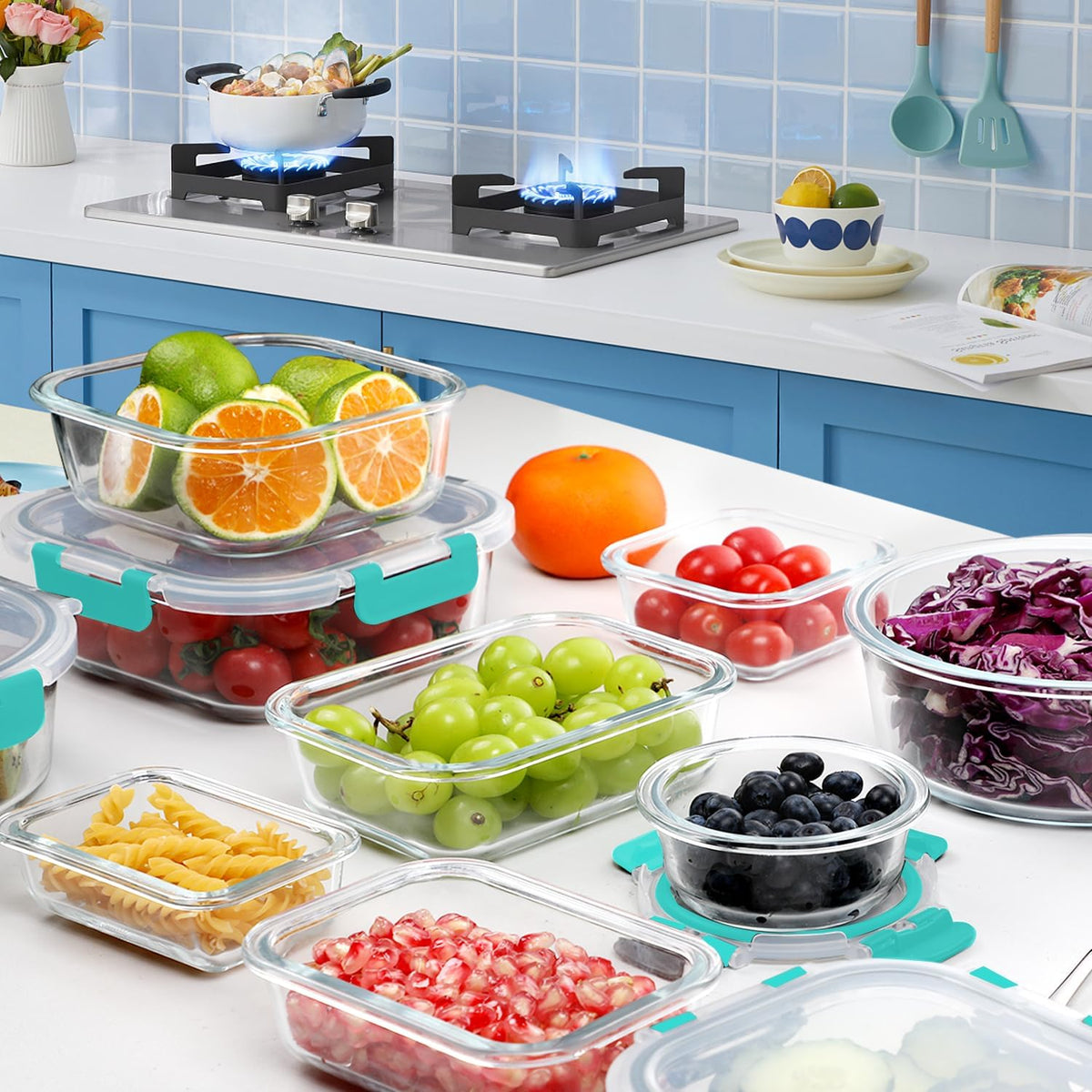 VERONES 30 Pieces Glass Meal Prep Containers Set, Stackable Glass Food Storage Containers with Lids-Airtight Lunch Containers，for Microwave, Oven, Freezer & Dishwasher,Grey