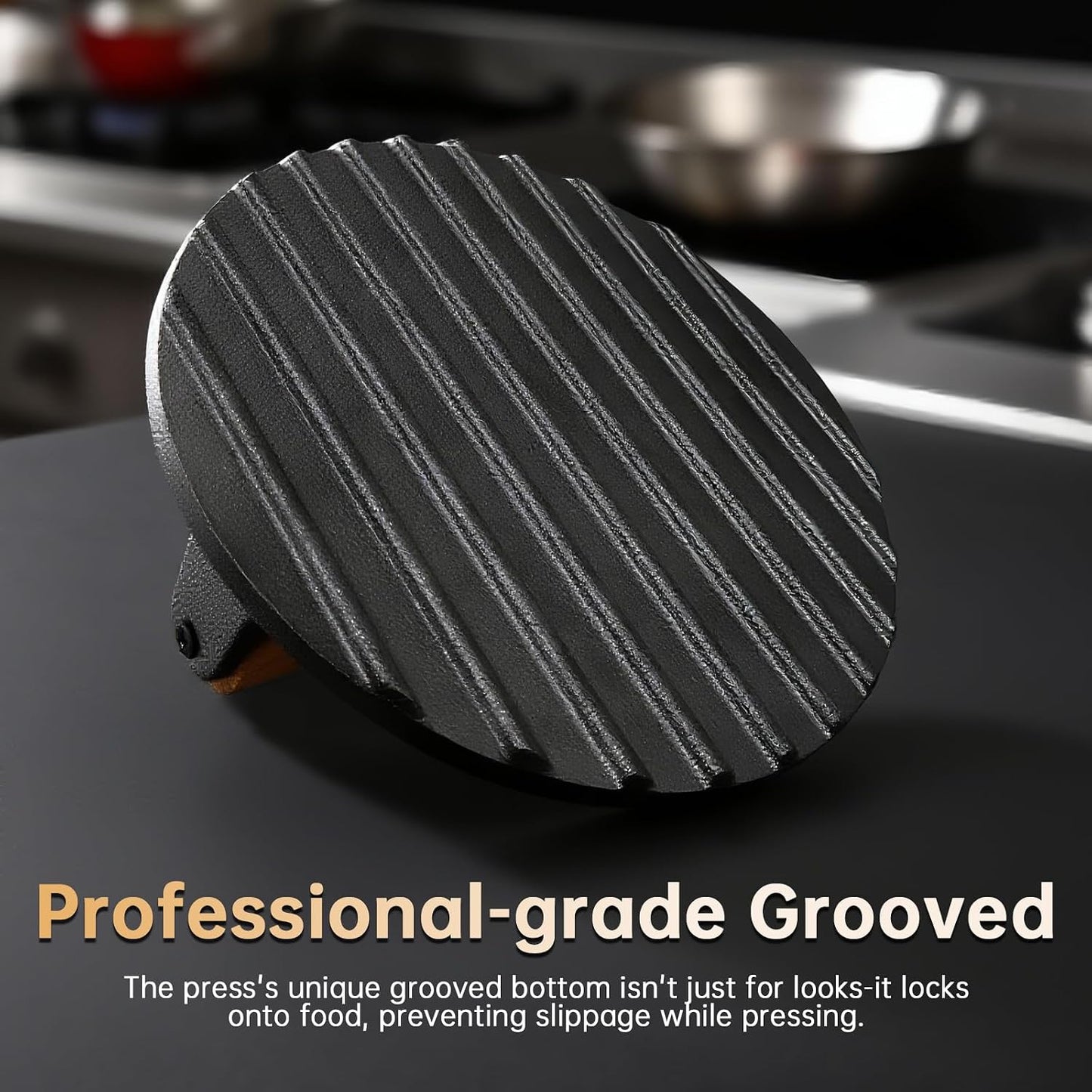 Burger Press Patty Maker Stainless Steel Hamburger Patty Press Mold Wood Handle Non-Stick with 100 Patty Papers,BBQs, and Cooking – Perfect for Flattening Patties and Searing Juicy Burgers