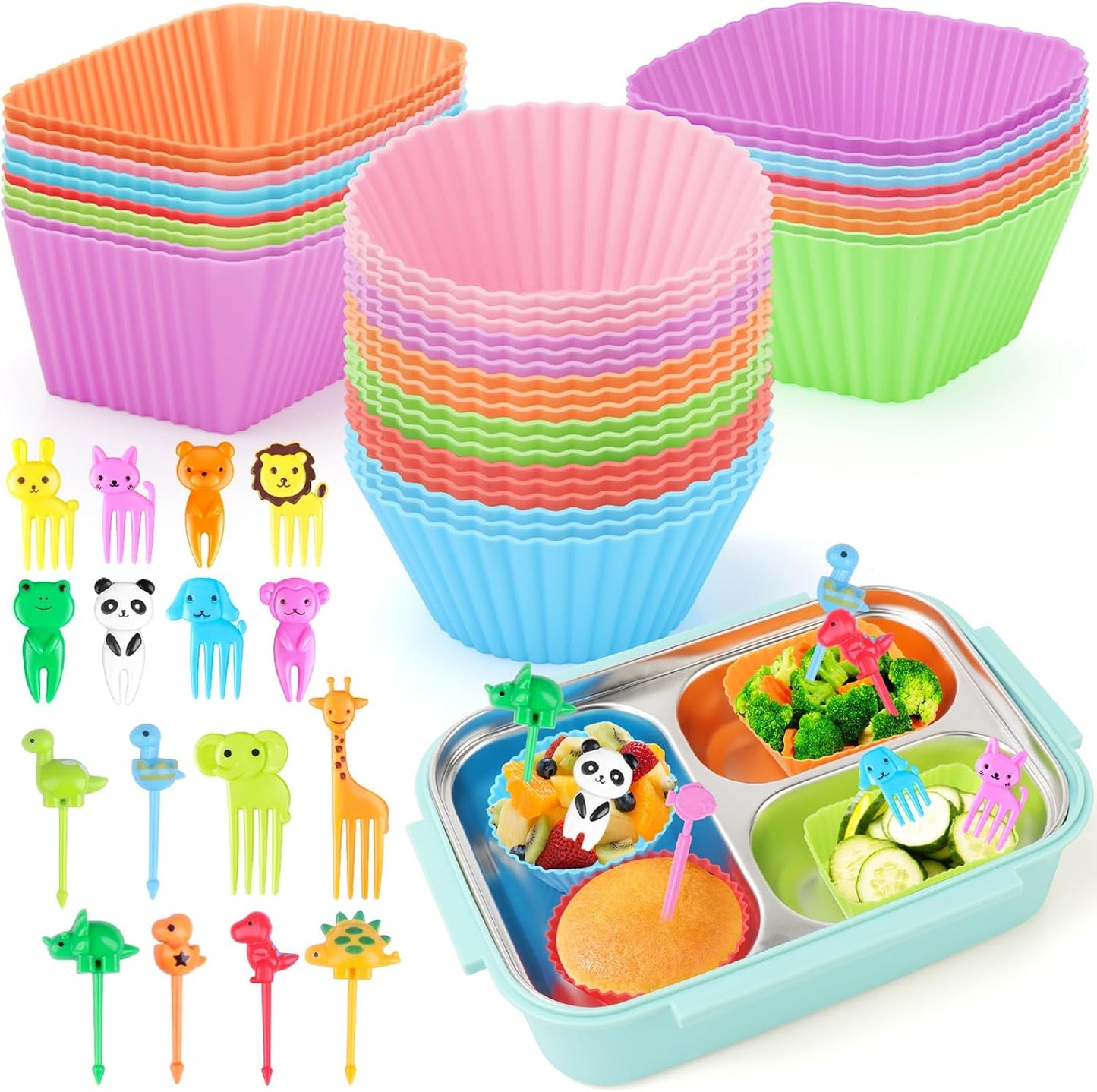 230PCS Silicone Lunch Box Dividers Kit, Reusable Silicone Cupcake Liners Muffin Cups, Fun Lunchbox Bento Box Accessories, Cute Food Picks for Kids (20 Baking Cups + 210 Animal Picks)