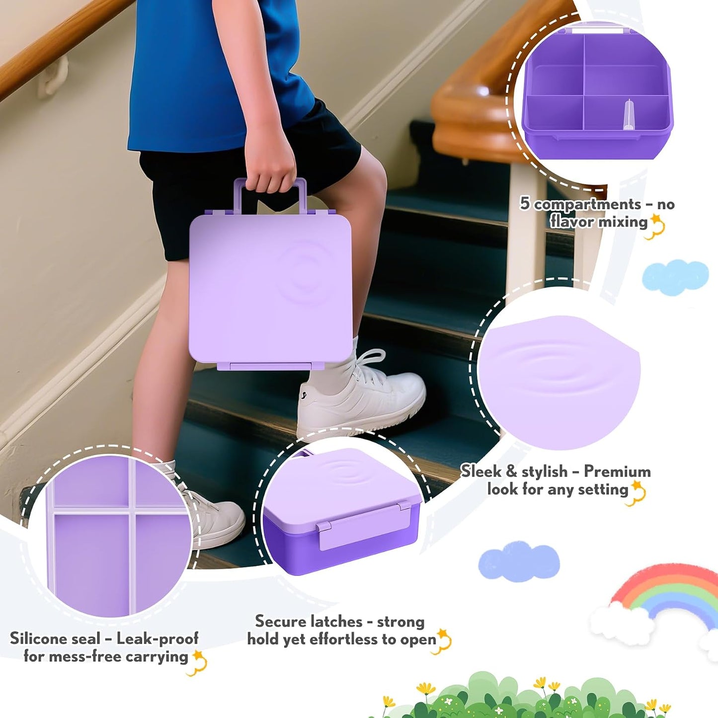 Lunch Box Kids with 5 Compartments, Insulated Food Jar & Utensils, Leak Proof Bento Box with Sauce Container, BPA-Free & Dishwasher Safe, Dinosaur Design(Purple)