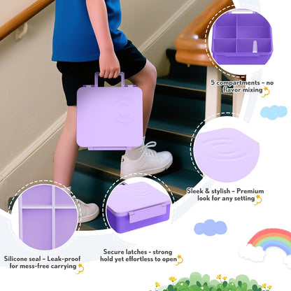 Lunch Box Kids with 5 Compartments, Insulated Food Jar & Utensils, Leak Proof Bento Box with Sauce Container, BPA-Free & Dishwasher Safe, Dinosaur Design(Purple)