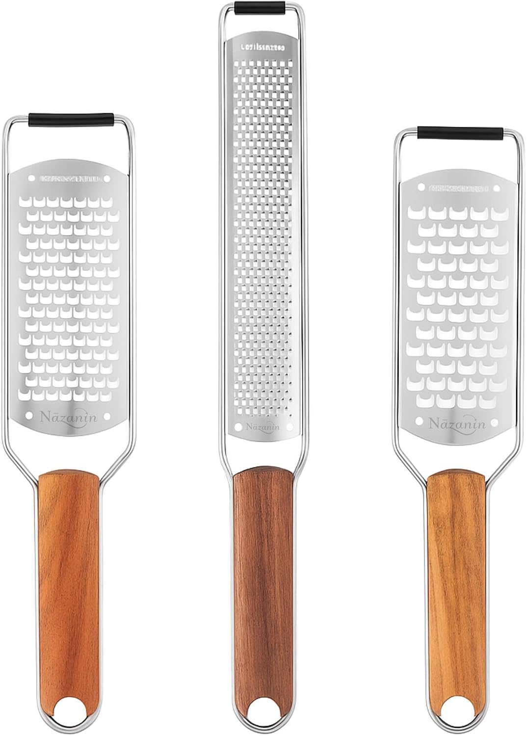 NAZANIN 3-Piece Stainless Steel Cheese Grater & Zester Set w/Acacia Wood Handles – For Parmesan, Lemon Zest, Ginger, and Spices