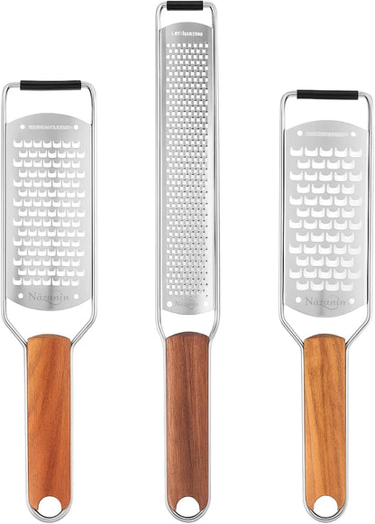 NAZANIN 3-Piece Stainless Steel Cheese Grater & Zester Set w/Acacia Wood Handles – For Parmesan, Lemon Zest, Ginger, and Spices