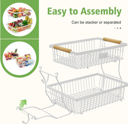 2 Tier Fruit Basket for Kitchen Counter with 2 Banana Hangers, Countertop Metal Bread Basket with Wooden Handle, Large Storage Stand for Vegetables, Snacks, Eggs, Produce Storage – Black