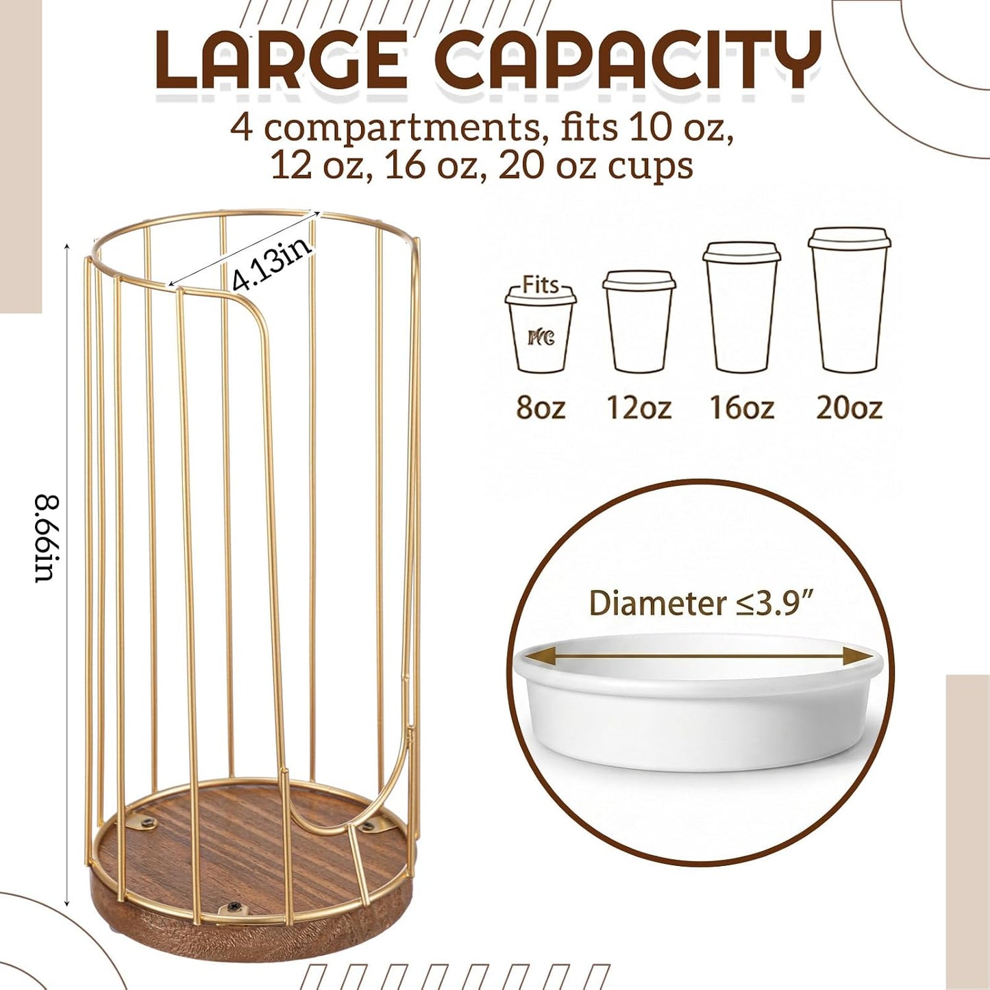 Geelin 18oz Adjustable Coffee Cup Dispenser with Wooden Base, Cup and Lid Holder, Cups Holder Organizer for Coffee Pod Straw and Lid Storage(2-compartment Single,Color 2)
