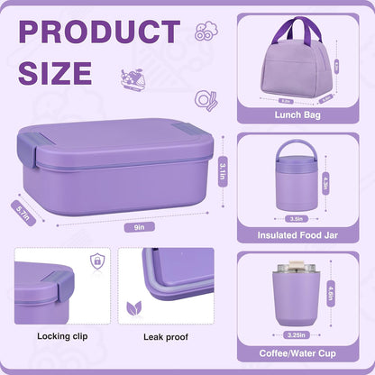 Bento Lunch Box Set with 10.5oz Soup Thermo Food Jar for Adults Kids, Stainless Steel Leak-proof Lunch Container with 4 Compartment, Coffee Tumbler with Lunch Bag for School Travel Office-Grey