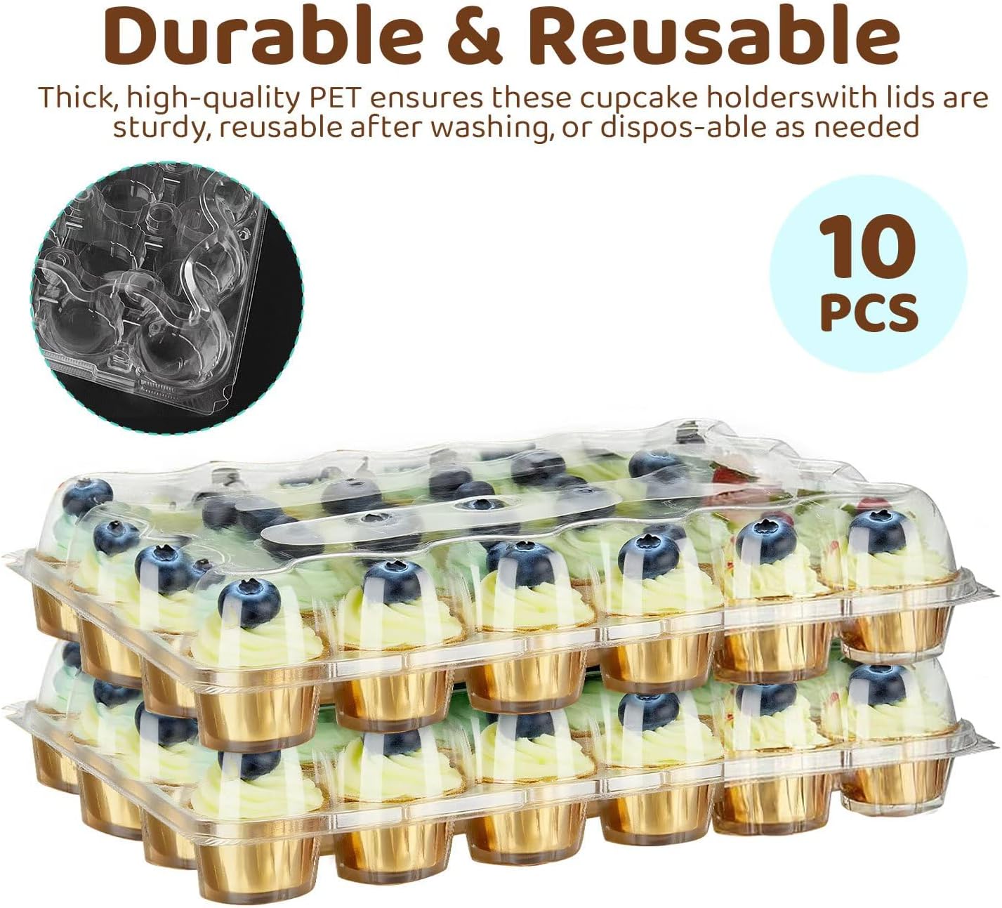 24 Pack x 10 Sets Count Cupcake Containers, Plastic Disposable Cupcake Boxes Holder, Stackable Clear Cupcake Carrier with High Tall Dome Lid